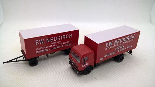 Herpa Mercedes NG 1635 Koffer-Hängerzug rot F.W. Neukirch Bremen Hamburg Bonn